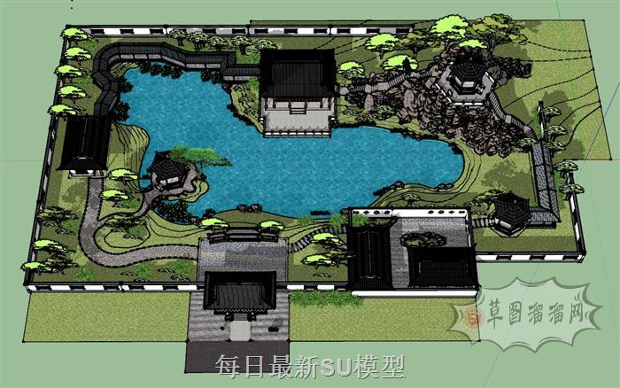 中式古典园林SU模型分享作者是湖南海阔天空