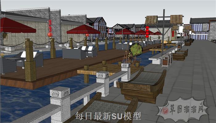 中式风格滨水商业街SU模型上传日期是2021-03-13
