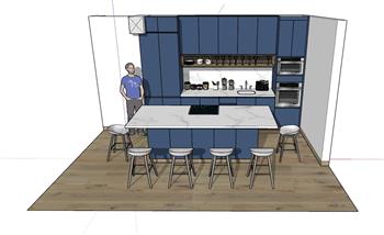 蓝色厨房橱柜吧台的su模型