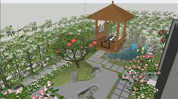 中式庭院花园景观流水su模型库