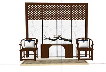 中式桌椅屏风SU模型