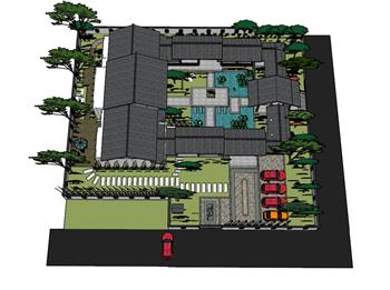 中式四合院别墅庭院景观skp模型(ID30515)