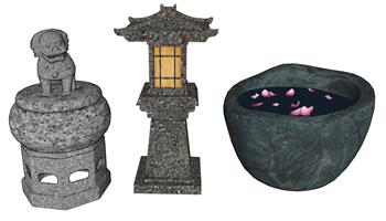 景观石灯笼和石狮子和花瓣水缸模型(ID30892)