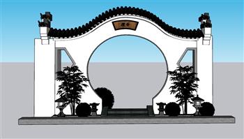 中式月亮门拱门SU模型