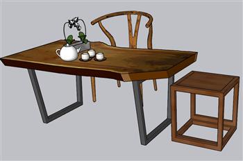 中式茶桌茶具SU模型