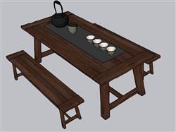 中式餐桌椅茶壶SU模型