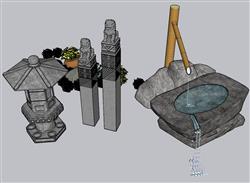 石灯笼拴马柱流水SU模型