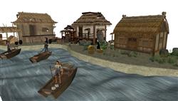 渔村渔民古代捕鱼打猎场景草图su模型(ID118624)