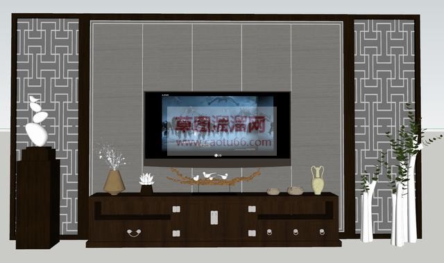 新中式电视背景墙SU模型分享作者是【幸村sama】