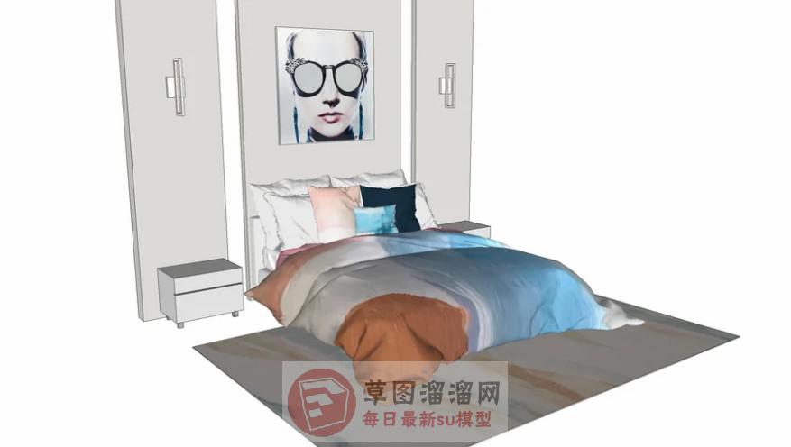 双人床床铺背景墙SU模型分享作者是【/aiq苏堤春晓】