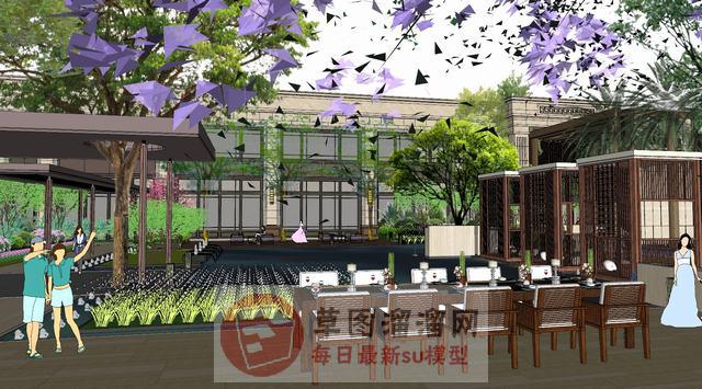 新中式酒店庭院SU模型
