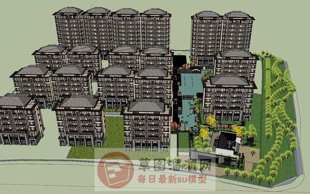 新中式建筑小区SU模型分享作者是【内蒙景观】