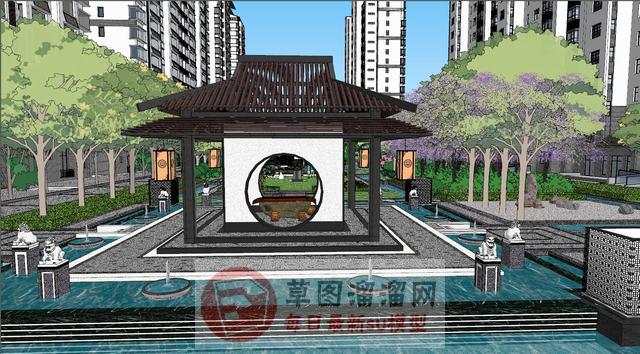 新中式风格小区景观规划su模型方案 SU模型图片3 草图大师官网