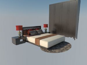 新中式床铺床头柜SU模型