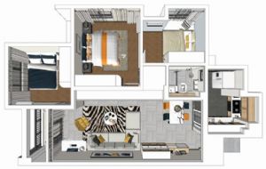 现代小三房室内户型家装SU免费模型下载