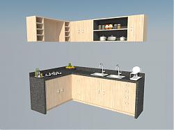 L型厨房橱柜-厨具-碗碟-锅头su模型