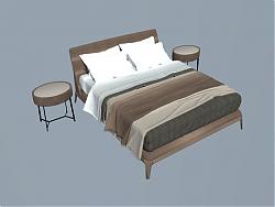 棕色双人床床铺SU模型