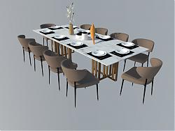 10人座餐桌椅花瓶SU模型