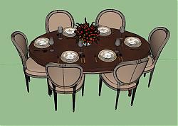 新中式椭圆形餐桌椅餐具su模型库素材