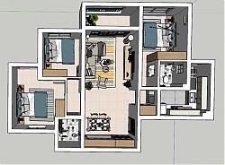 现代家装户型三房两厅su模型库素材
