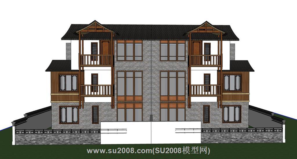 中式双拼别墅的su模型