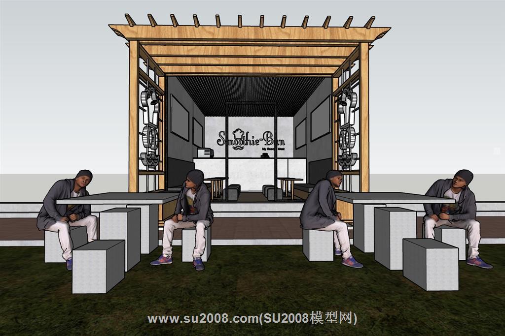 木廊架门头咖啡店SU模型：外国黑人与石桌椅 1