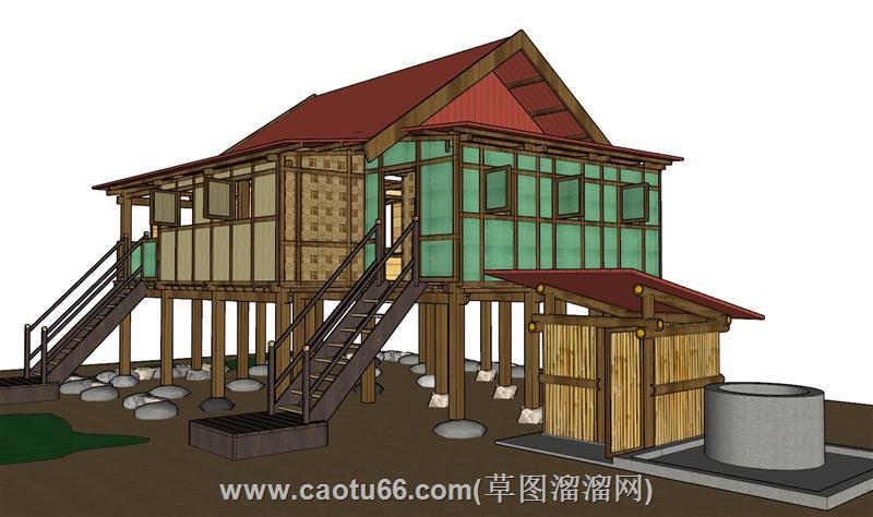 东南亚高脚屋竹制茅厕su模型 1