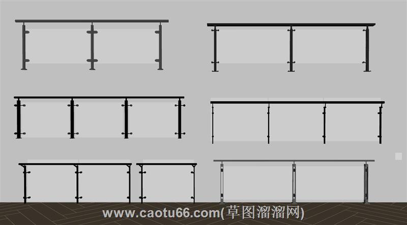 玻璃栏杆楼梯护栏su模型 1