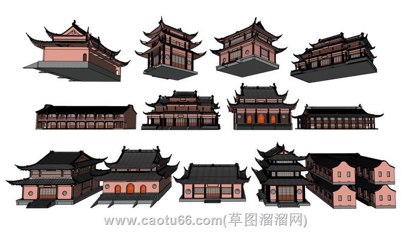 中式寺庙古建筑庙宇su模型 1