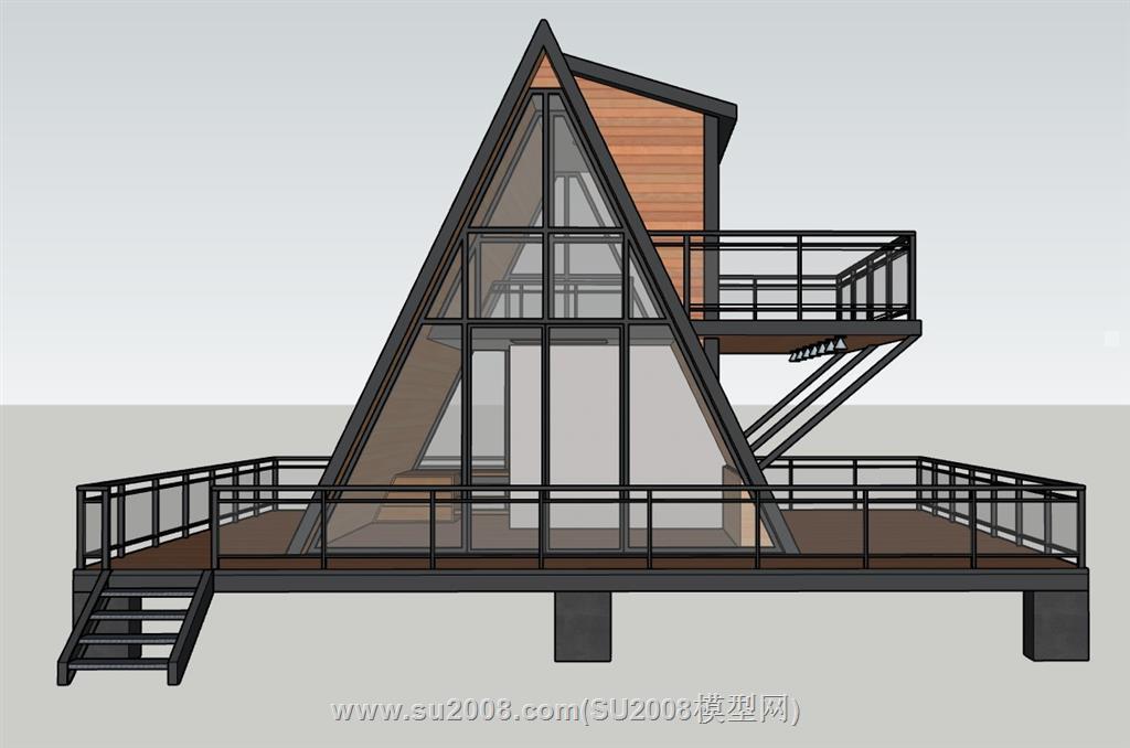 木制三角屋休闲民宿SU模型 2