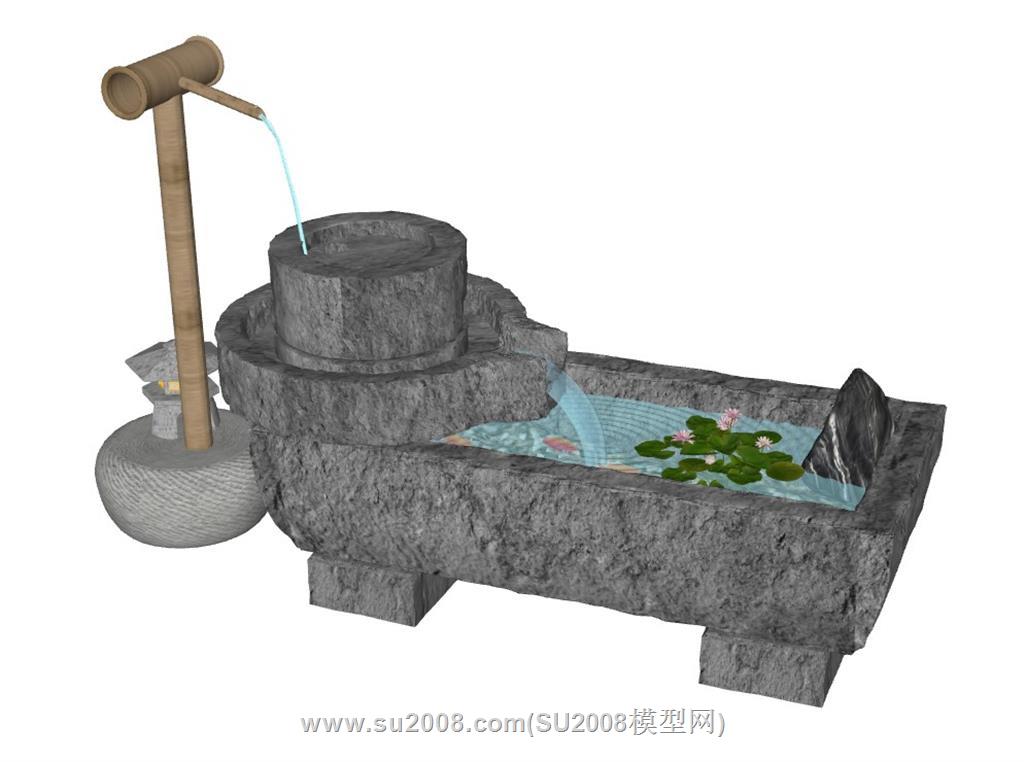 新中式循环水池景观su模型 2