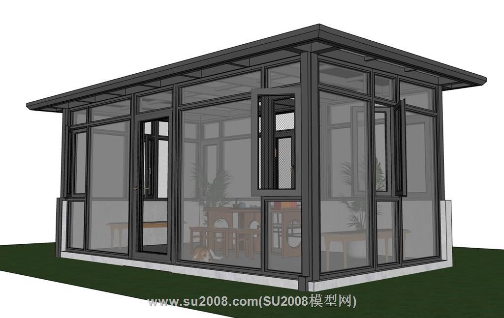 中式玻璃阳光房茶室su模型 2