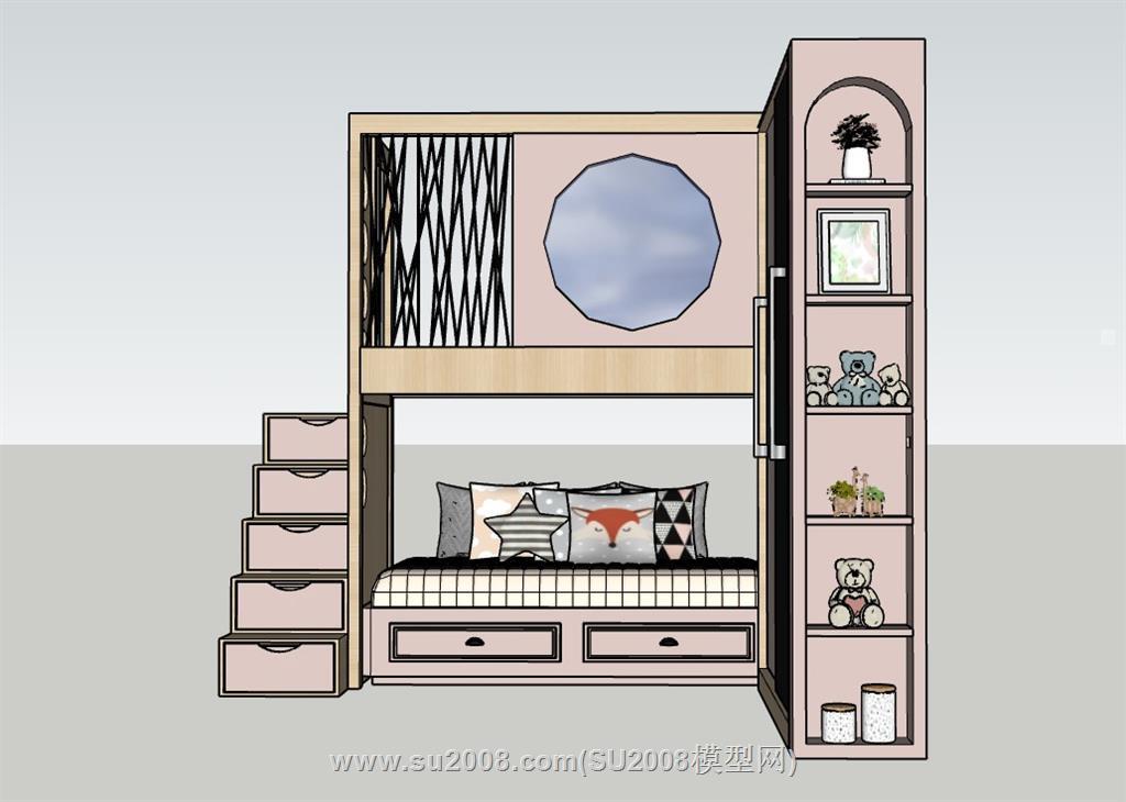儿童高低铺与衣柜SU模型下载-打造温馨儿童房 2