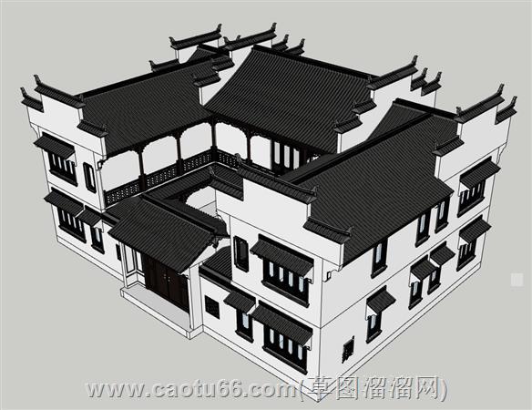 中式四合院别墅住宅su模型 2