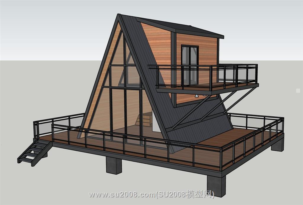 木制三角屋休闲民宿SU模型 3