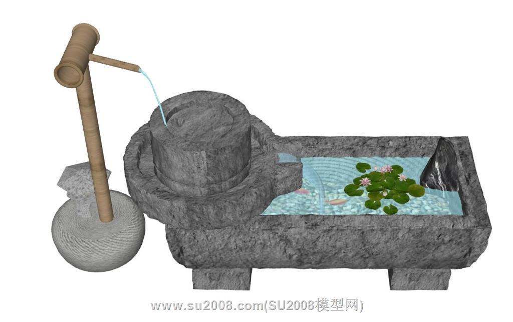 新中式循环水池景观su模型 3