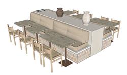 复古风卡座桌椅组合 SU 模型，含装饰花瓶设计