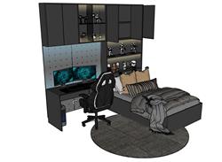 儿童房床铺电脑桌SU模型