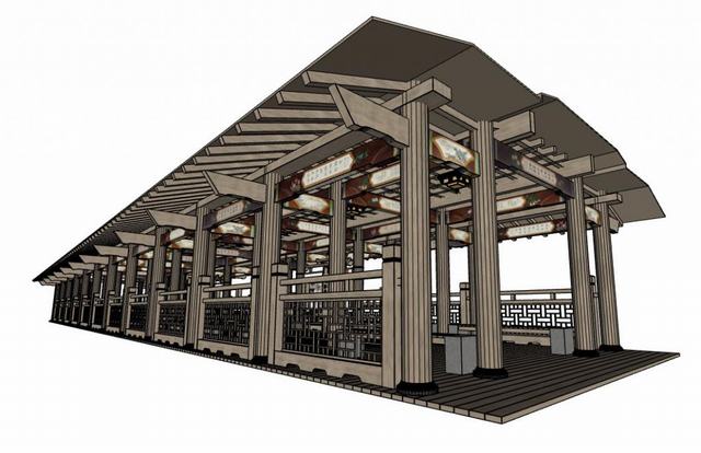 木质休闲廊架带座椅的SU模型 3