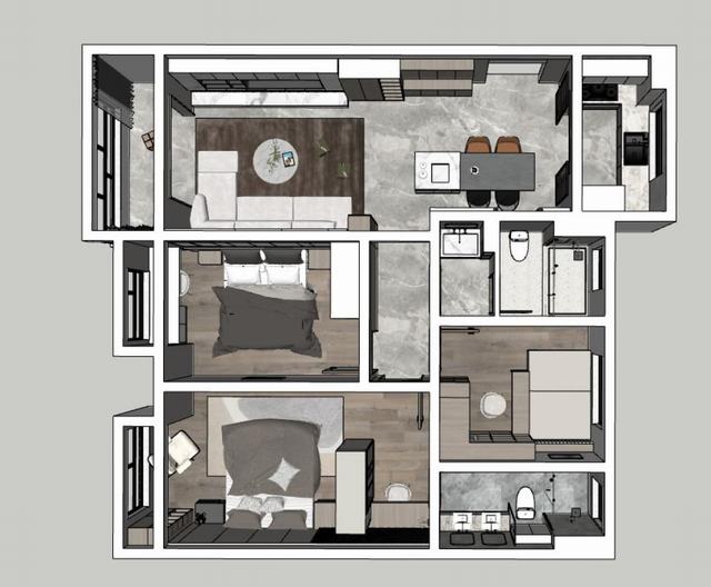 现代常住户型家装鸟瞰图SU模型