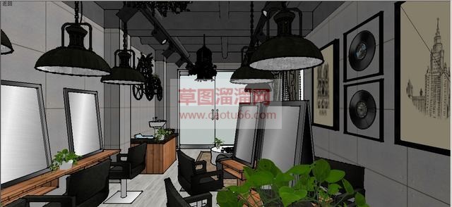 后现代工业风格理发店SU模型 3