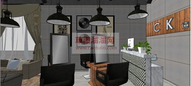 后现代工业风格理发店SU模型 2