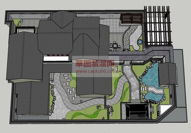 中式别墅庭院SU模型 1