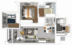 现代小三房室SU模型 免费sketchup模型下载