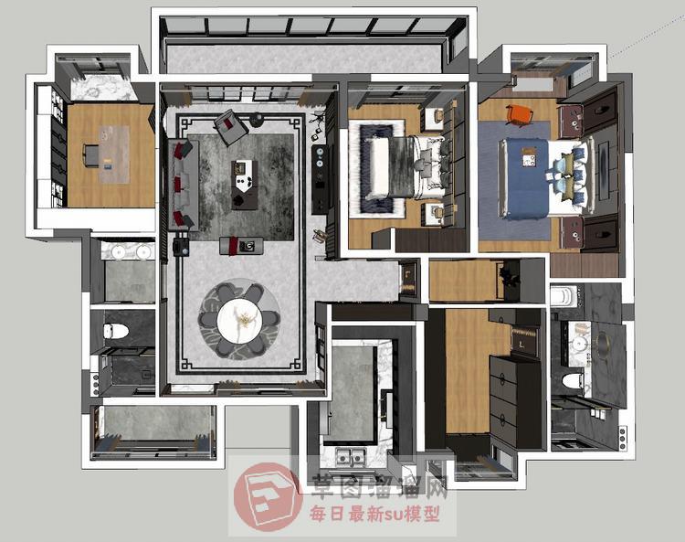 新中式家装户型SU模型 1