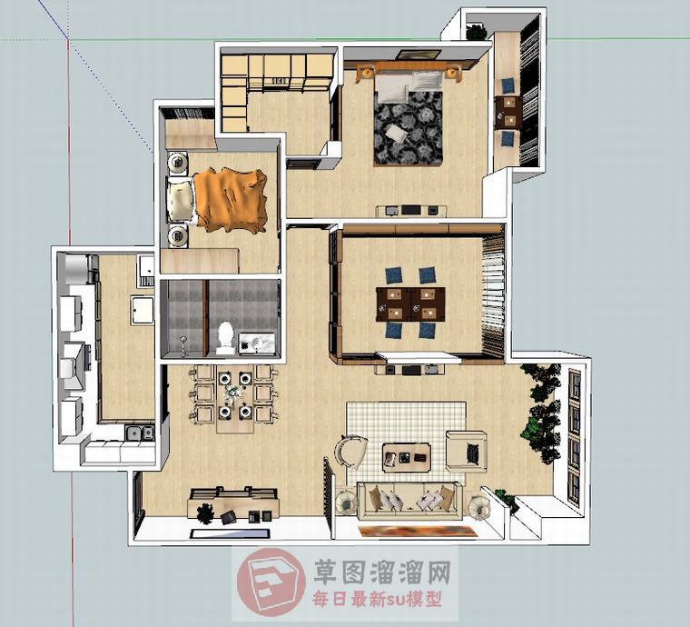 日式风格三房家装SU模型 1