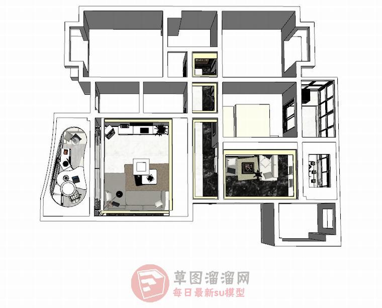 简约风格样板间户型SU模型 1