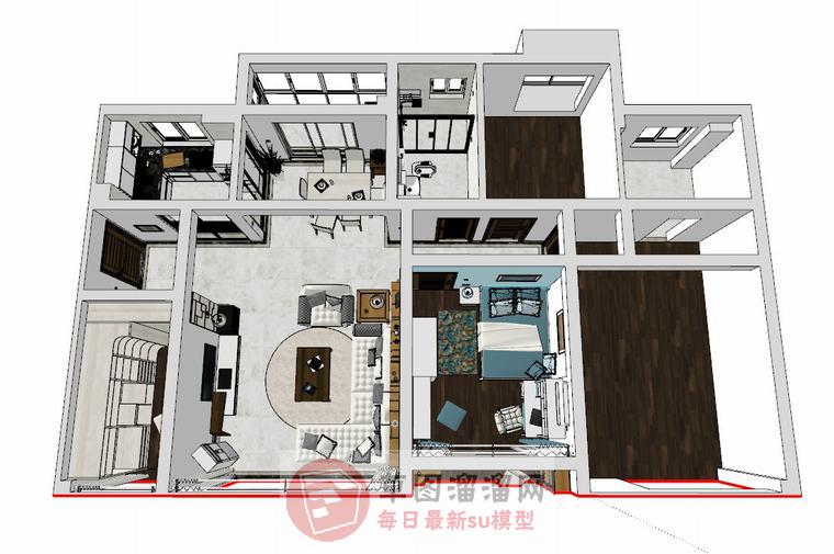 美式风格家装户型SU模型 1