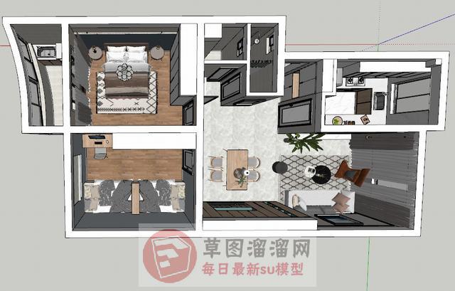 北欧两室一厅家装SU模型 1