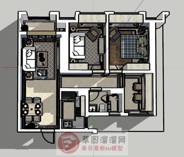 地中海三房家装SU模型 1